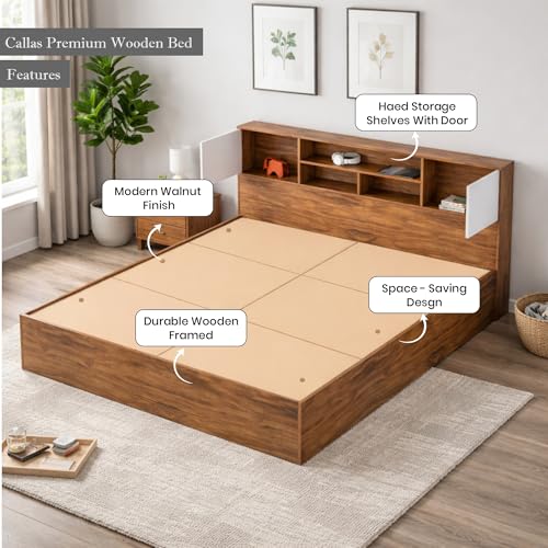 Image of Callas Estoria Engineered Wood Queen Size Bed with Storage | Free Installation with 1 Year Warranty (Walnut, Queen with Storage)
