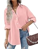 HOTOUCH Women Button Down Shirt Office Boyfriend Long Sleeve Blouse Drop Shoulder Dress Shirts with Pockets Light Pink M
