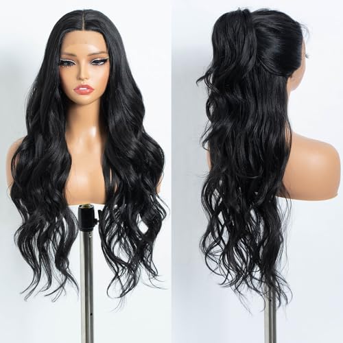 Rebecca Q Long Wavy Synthetic Lace Front Wig for Women 30 inches Middle Part Natural Hairline Heat Resistant Fiber Wigs for Daily Party (BLACK)