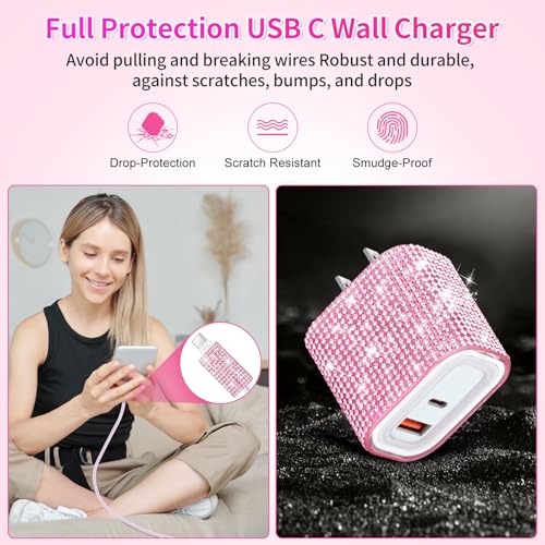 Image of Aolcev for iPhone Charger Fast Charging Bling USB C Wall Charger Block 30W Type C Cord Fast Charging Blocks with USB C Cable for iPhone 17 16 15 Pro Max iPad Galaxy S26 Bling Phone Charging Pink