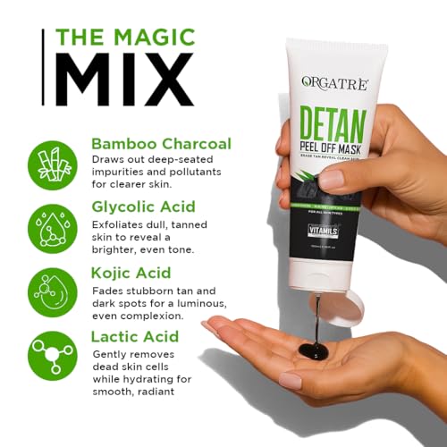 Image of Orgatre Detan Peel Off Face Mask For Glowing Skin | Removes Tan and Minimize Pores | Active Cooling Effect | Enriched with Kojic Acid, Lactic Acid, Glycolic Acid & Bamboo Charcoal (100ml)