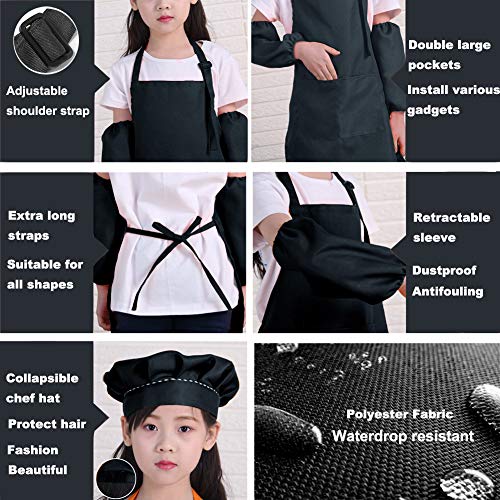 Seatery 4PCS Kids Apron Set, Chef Hat Apron and Sleeves, Preschool Apron Kits, Boys Girls Aprons for Kitchen Cooking Baking Painting Wear