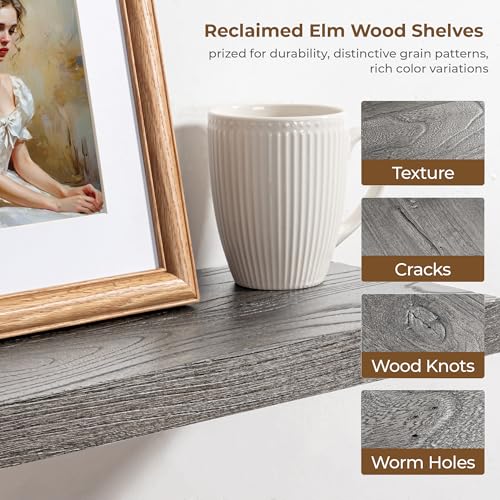 Image of Floating Shelves for Wall, 24in Reclaimed Elm Wood Shelves, Grey, 2PCs | 8in Deepth Rustic Solid Elm Wood Shelves for Storage, Wall Display Shelving, Invisible Metal Bracket