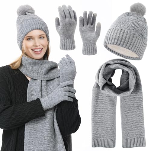 Invierno De La Mujer Beanie Bufanda Set, Conjunto De Gorro y Bufanda De Invierno Para Mujer,Bufanda De Invierno Para Mujer Gris,Guantes Con Pantalla Táctil,Gorro De Punto Regalo De Invierno Para Mujer