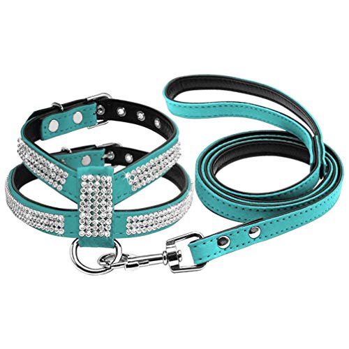 Kuntrona Small Dog Harness and Leash Set Suede Leather Rhinestone Pet Harnesses and Walking Leads for Small Medium Dogs Chihuahua Blue M