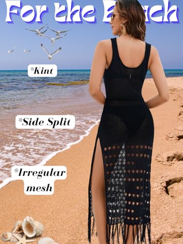 EHSUAYB Women Sexy Long Crochet Cover Up Dress, Boho Tassel Side Slit Bathing Suit, Sheer Hollow Out Coverup Swimsuit Beach4