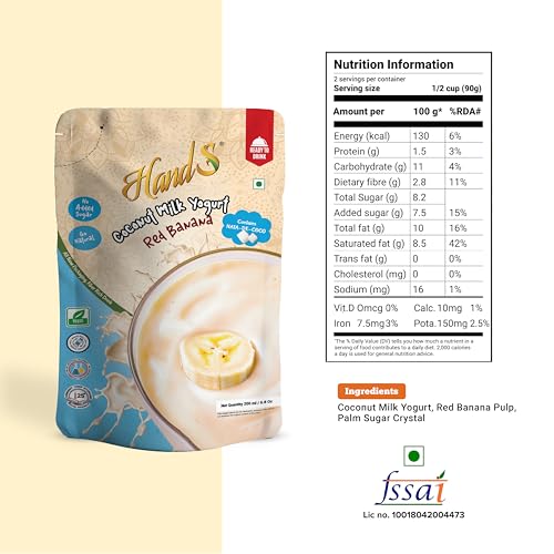 Image of HandS Flavoured Coconut Yogurt - Dairy Free All Natural | Includes Fresh Fruit Pulp & Palm Sugar Crystal | No added Preservatives or Chemicals | Plant Based Vegan Drink (Banana, Pack of 4)