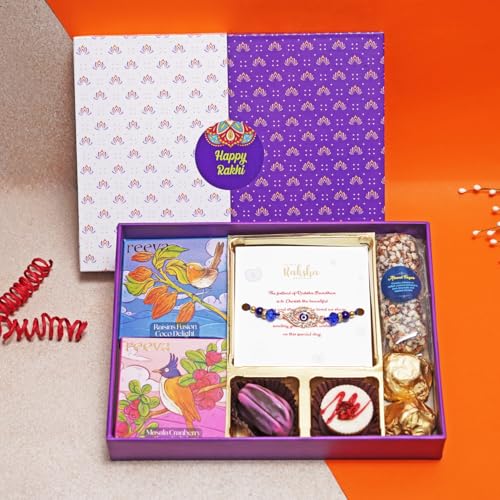 Image of Velvet Fine Chocolates Rakhi Gift Box | Handmade Assorted Chocolates for Rakshabandhan | Evil Eye Rakhi, Almonds & More | Perfect Sibling Bonding Gift | Pack of 1
