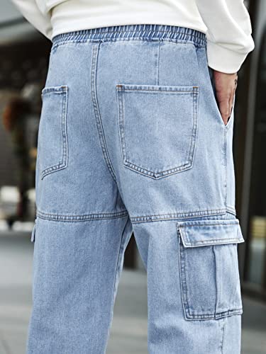 OYOANGLE Men's Drawstring Waist Flap Pocket Jogger Cargo Pants Carrot Denim Jeans with Pocket4