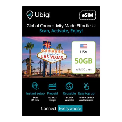 Ubigi Travel Data Plan USA - Prepaid International eSIM Card Internet Data in 5G/4G/LTE (Data tethering Allowed) for iPhone and Android. No Extra Charge or Roaming fees. Easy to use. (USA)