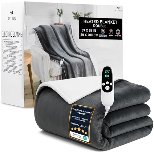 Get Trend Couverture Chauffante Électrique 150x200 cm, Polaire Plaid Sherpa, 9 Niveaux avec 12 Heures Arrêt Automatique, Lavable en Machine, Idee Cadeau (Gris Foncé, Double EU)