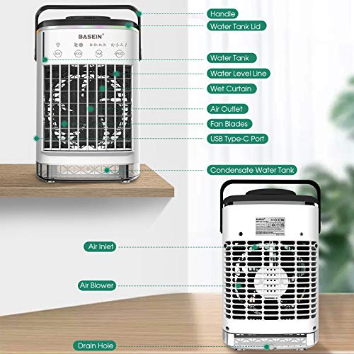 Portable Air Conditioner, Evaporative Air Conditioner Fan with Double Water Tank 4 Speeds 8H Timer 7 Colors, Camping AC Unit, Personal Air Cooler Desktop Air Conditioner with Handle for Office, Room