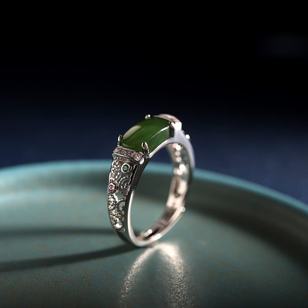 925 Sterling Silber Eingelegtes Hetian Jade Ring Zarte Elegante Hohle Offene Ring Charmante Schmuck Geschenke Für Frauen Mädchen