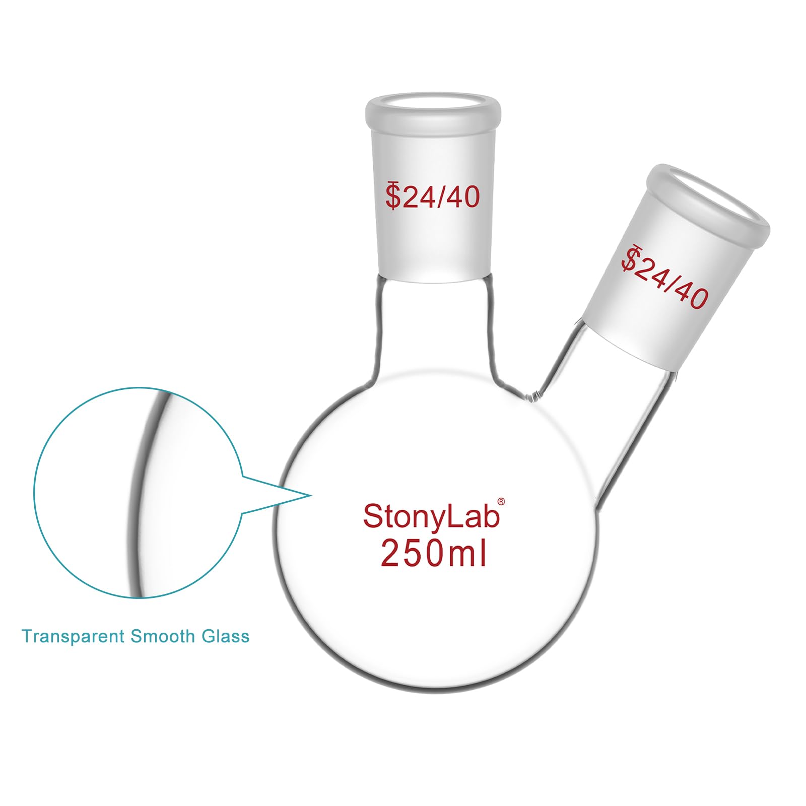 stonylab Ballon à Fond Arrondi en Borosilicaté Verre à 2 Cols RBF, avec 24/40 Joint Extérieur Conique Standard au Centre et sur les Côtés, 2 Neck Round Bottom Flask - 250ml