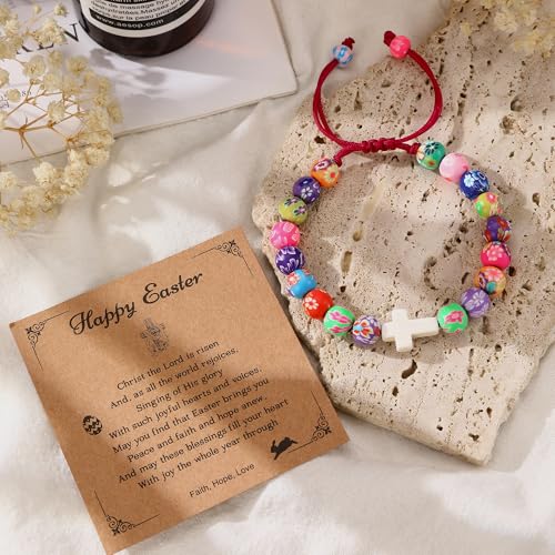 Happy Easter Gifts, Colorful Clay Beads Bracelet Easter Basket Stuffers for Teens Christian Cross Bracelet Easter Gifts for Daughter Granddaughter Niece4