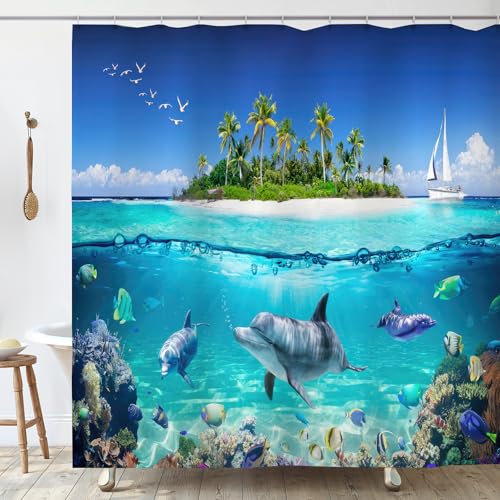 OCEUMACO Rideau Douche Anti Moisissure 180x180 cm Dauphin Rideau de Douche Baignoire Tissu Imperméable Polyester Océan Turquoise Rideaux Salle de Bain avec...