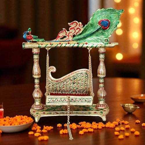 Image of KridayKraft Decorative Krishna Jhula Swing, Metal, Gold-Plated with Peacock Design, 30x20 cm, 750 GM