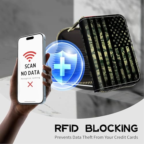 Image of Cute Credit Card Holder with Zipper, Military Camouflage American Flag RFID-Blocking Card Case Small Wallet for Women Men, Multi-slot Card Organizer Case Travel Accordion Wallet