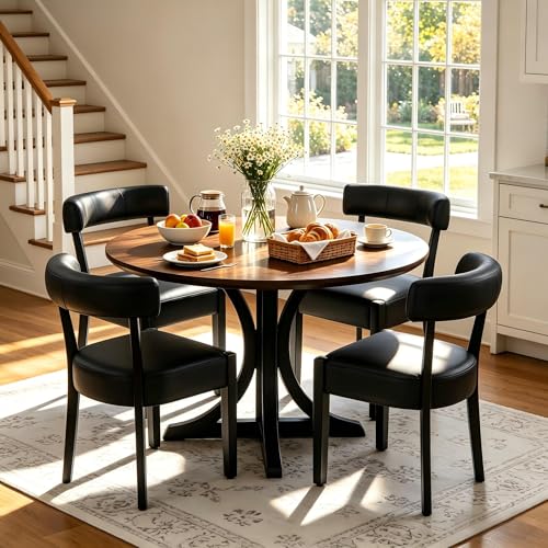 RNKSFX Modern Black Dining Chairs Set of 4, Faux Leather Upholstered Kitchen & Dining Room Chairs, Mid Century Modern Wooden Dining Chairs Oversized Sturdy Rounded Chairs Curved Back