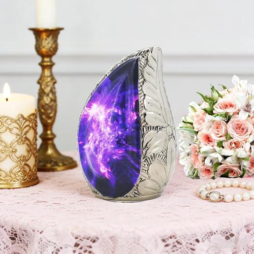 M MEILINXU Urne für Asche für Frauen und Männer, kleine Urnen für menschliche Asche, Tropfenform, dekorativer Einäscherungsbehälter, lila kosmische Galaxie, Aurora Borealis, Mini-Tropfen-Urne –