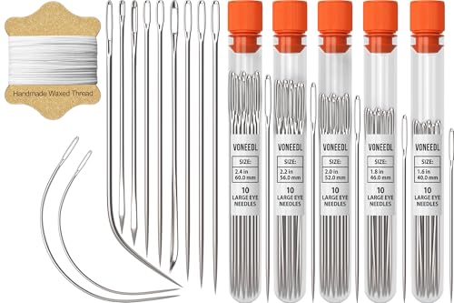 Hilo de coser encerado (color blanco), agujas resistentes (11 piezas) y agujas afiladas de ojo grande (50 piezas) – Agujas duraderas para coser a mano, adecuadas para cuero, lona y más