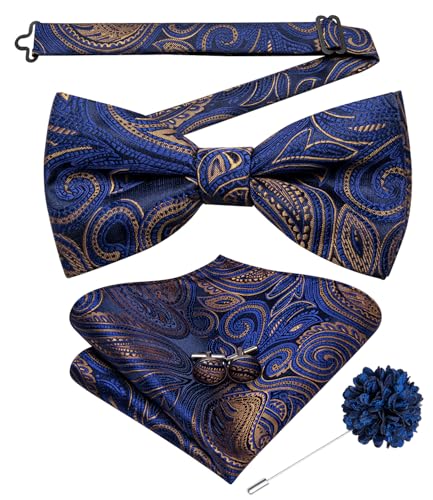 Image of Hi-Tie 5Pcs Mens Solid Color Silk Tie Satin Pretied Bowtie Lapel Pin for Men Handkerchief Cufflink Wedding Gift Box
