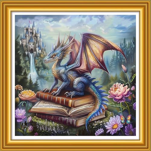 Image of Foxhool Stamped Cross Stitch Kits,11CT Printed Cross Stitch Pattern Full Embroidery Kits for Beginner Needlepoint Kits&Pterosaur Book Castle 18x18 inch