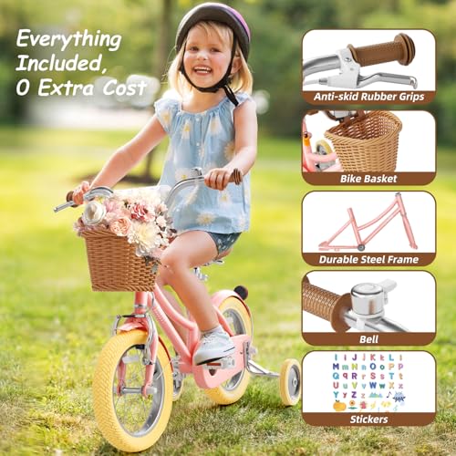 Image of Glaf Girls Bike with Training Wheels Toddler Kids Bike for 2-12 Years Old 12 14 16 18 20 Inch Children Cruiser Bicycle with Adjustable Seat and Handlebar (Pink, 12 Inch with Training Wheels)