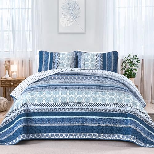 WONGS BEDDING Boho Quilt Set Queen Size, Navy Blue Bohemian 3 Pie...