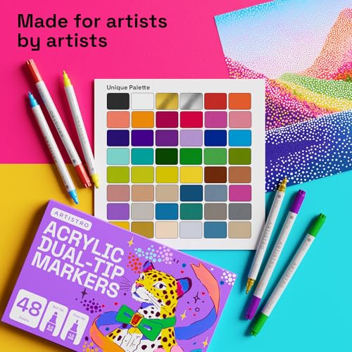 Image of ARTISTRO 48 Acrylic Paint Markers for Rock, Fabric, Wood, Glass, Eggs - Dual-Tip Paint Pens for Coloring Books for Adults, Teens, Kids - Art & Craft Supplies - Gift Idea - Easter Basket Stuffers