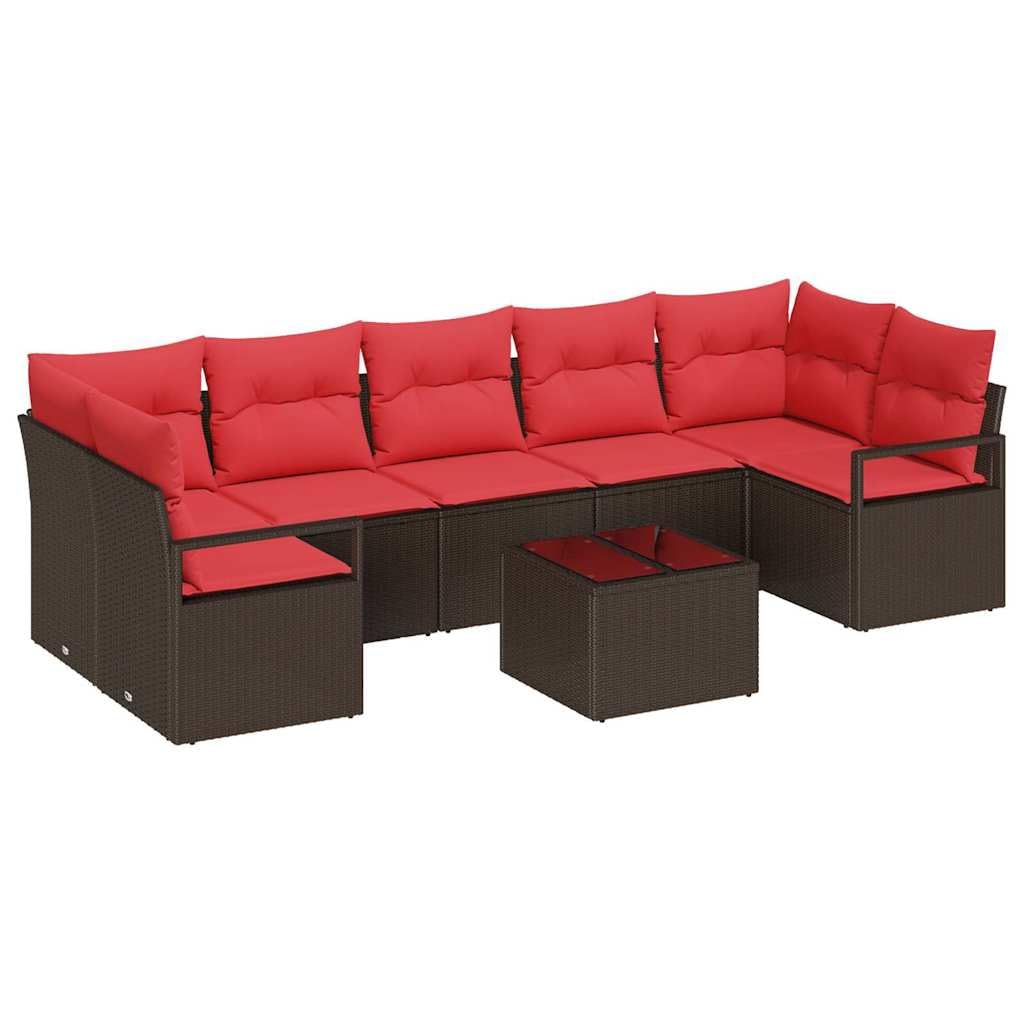 Set di divani da giardino, 8 pezzi, in polyrattan, colore beige e rosso | Salotto modulare in rattan con spazio sotto i sedili e tavolo in vetro, ideale per giardino, terrazza o veranda.