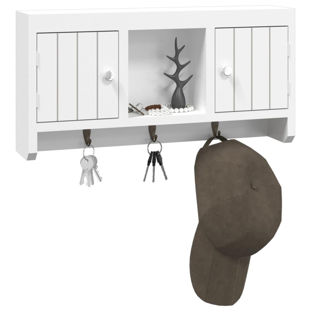 Schlüsselschrank Weiß 40x8,5x20 cm Wand-Schlüsselkasten aus Holzwerkstoff & Stahl mit 3 Haken und 2 Türen Moderner Organizer für Schlüssel Sonnenbrillen und Schmuck