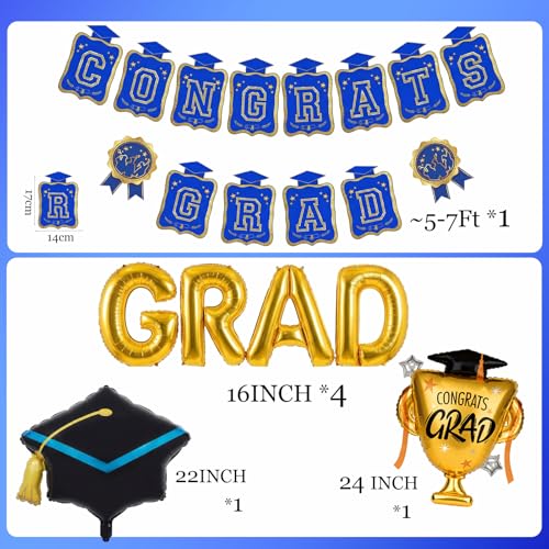 Image of Royal Blue and Gold Graduation Party Decorations 2026 - Class of 2026 Grad Balloons Garland Kit with Banner, Honeycomb Centerpieces, Hanging Swirls, Foil Trophy Balloons for Prom Senior Night