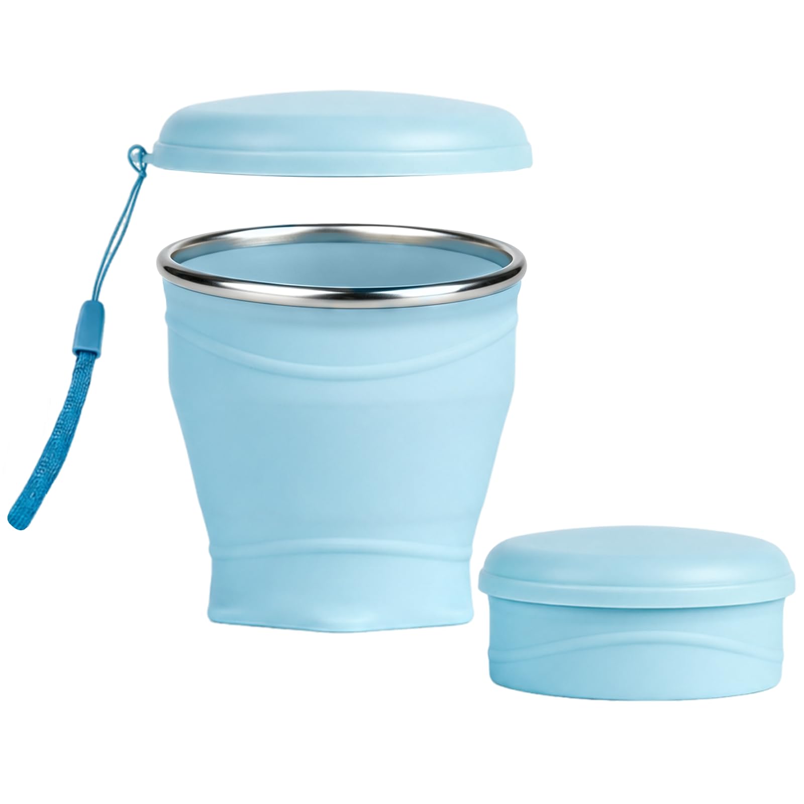 Qwrqwr Silicone Folding Cup with Lid 260ml/8.8oz BPA-Free & 304 Stainless Steel Rim Portable Travel Cup for Camping Hiking Running Gym & Daily Commute (Blue)