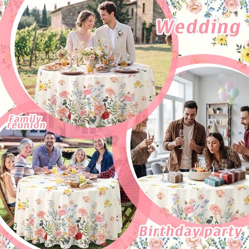 Image of Ganeen 6 Pcs Retro Wildflower Plastic Tablecloth 84 Inch Spring Round Tablecloths Floral Theme Birthday Decor Disposable Plastic Round Waterproof Table Cover for Holiday Wedding Decoration Party Favor