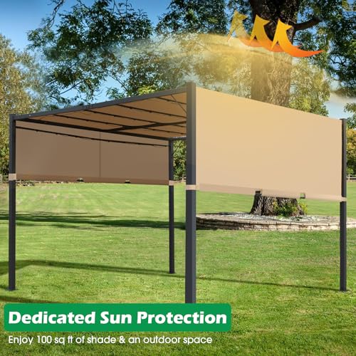 10'x10' FT Heavy-Duty Outdoor Pergola Aluminum Pergola with Retractable Sun Shade Canopy and Solar LED Lights, for Garden, Deck, and Backyard (TAN)