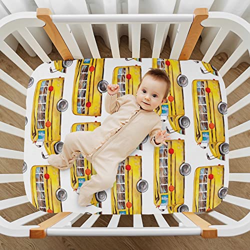 Image of Vintage School Bus Crib Sheets Soft Breathable Fitted Baby Playard Sheets Mattress Cover for Girl Boys, 39 inch x 27 inch x 5 inch