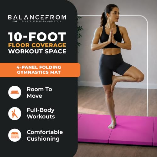 Image of BalanceFrom 10x4 Feet 4-Panel Folding Gymnastics Mat - 2-Inch Thick Pad with Vinyl Surface and Carrying Handles for Tumbling, Yoga, Pilates, Home Workouts, and Martial Arts