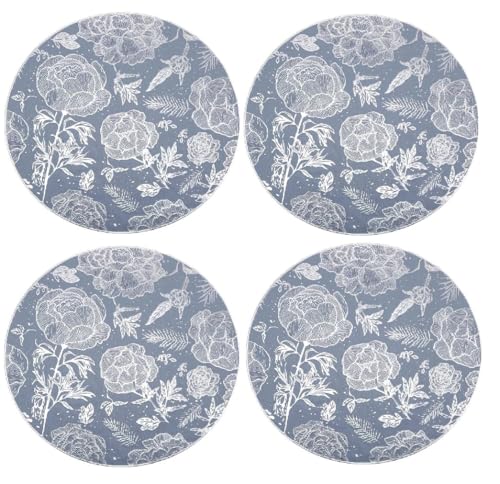 Image of Elegant Floral Rose Round Placemats Tablemats Grey Placemats for Dining Table Durable Table Mats Reusable Water Proof Grey and Silver (Large, 6, Count)