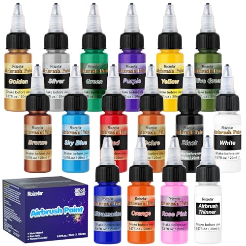 Roizefar Pintura Para Aerógrafo, Kit De Pintura Para Aerógrafo, 15 Pinturas Acrílicas + 1 Diluyentes Para Aerógrafo, 20 ml/Botella