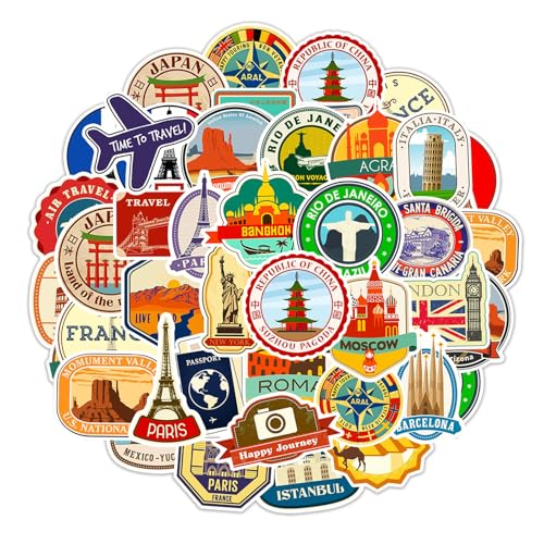 Stickers Voyage 50 Pièces – Autocollant Valise Voyage Avion & Pays du Monde – Stickers Scrapbooking Imperméables pour Valise, Ordinateur Portable,...