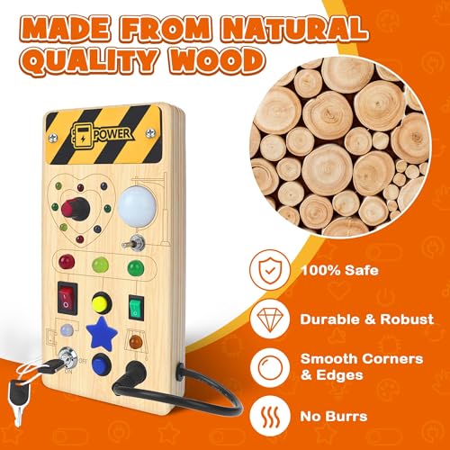 Image of Montessori Busy Board - Montessori Toy from 1 Year Wooden Toy with 8 Switches 15 LED Lights Activity Board Motor Skills Toy Learning Toy for Babies Toddlers Boys Girls from 1 2 3 4 Years