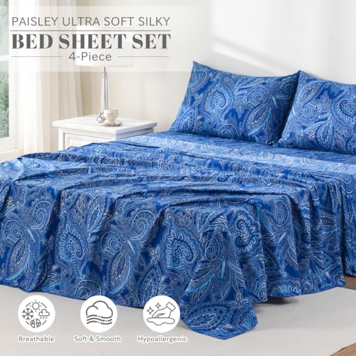 Bedlifes Full Sheet Set Ultra Soft, Breathable, Silky Flower Deep Pocket 100% Microfiber Bedding, 4 Piece Full Size Paisley Dark Navy Blue
