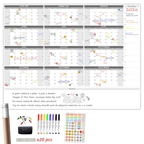 CLEVER CLEAN Large Dry Erase Wall Calendar - 48"x58" 12-month 2025 Undated Reusable Yearly Calendar for Home, Office, School Projects - Jumbo Laminated Task Organizer