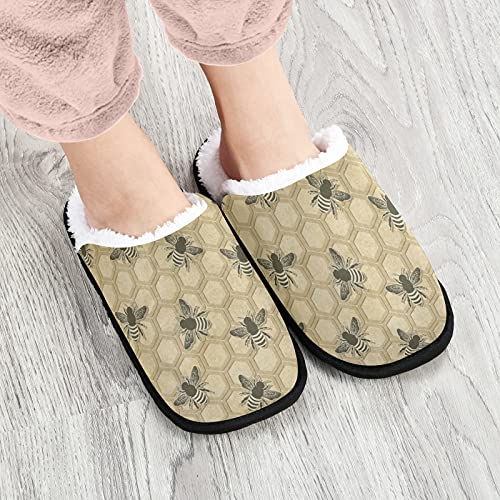 visesunny Retro Bee Honeycomb Pattern Cozy Fuzzy Womens Memory Foam House Slippers Plush Fleece Indoor Outdoor Slipper2