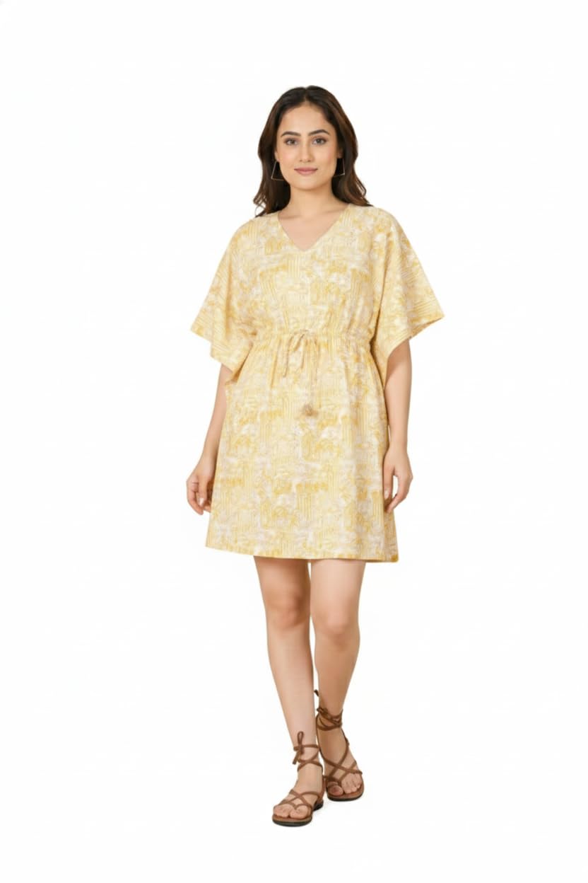 MARIKA TEXTILES Women Short Cotton Kaftan Swimwear Cover Up, Yellow Printed Free Size Beach Dress-image-31