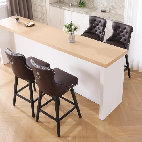 Image of Swivel Bar Stool with Back, Faux Leather Counter Height Bar Stools, Upholstered Tufted Counter Height Chairs, Solid Wood Legs, (Brown, 30 inch H Seat, Set of 4)