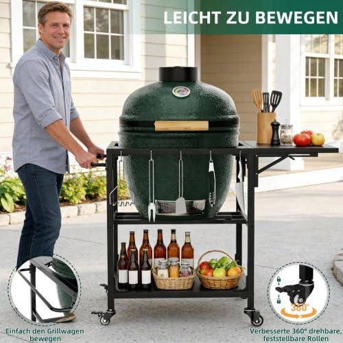 Carrello per barbecue da esterno per XL Big Green Egg, resistente alle intemperie e pieghevole, robusto carrello in metallo con ruote, ripiano e ganci per attrezzi, tavolo mobile per barbecue per