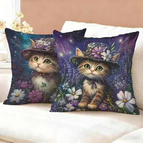Purple Cushion Covers 30cm x 30cm 2 Pack, Cat Cushion Covers Velvet, Double Sided Throw Pillow Cases, Funky Durable Machine Washable for Living Room Refresh, Ideal Home Decor for All Seasons K6-344