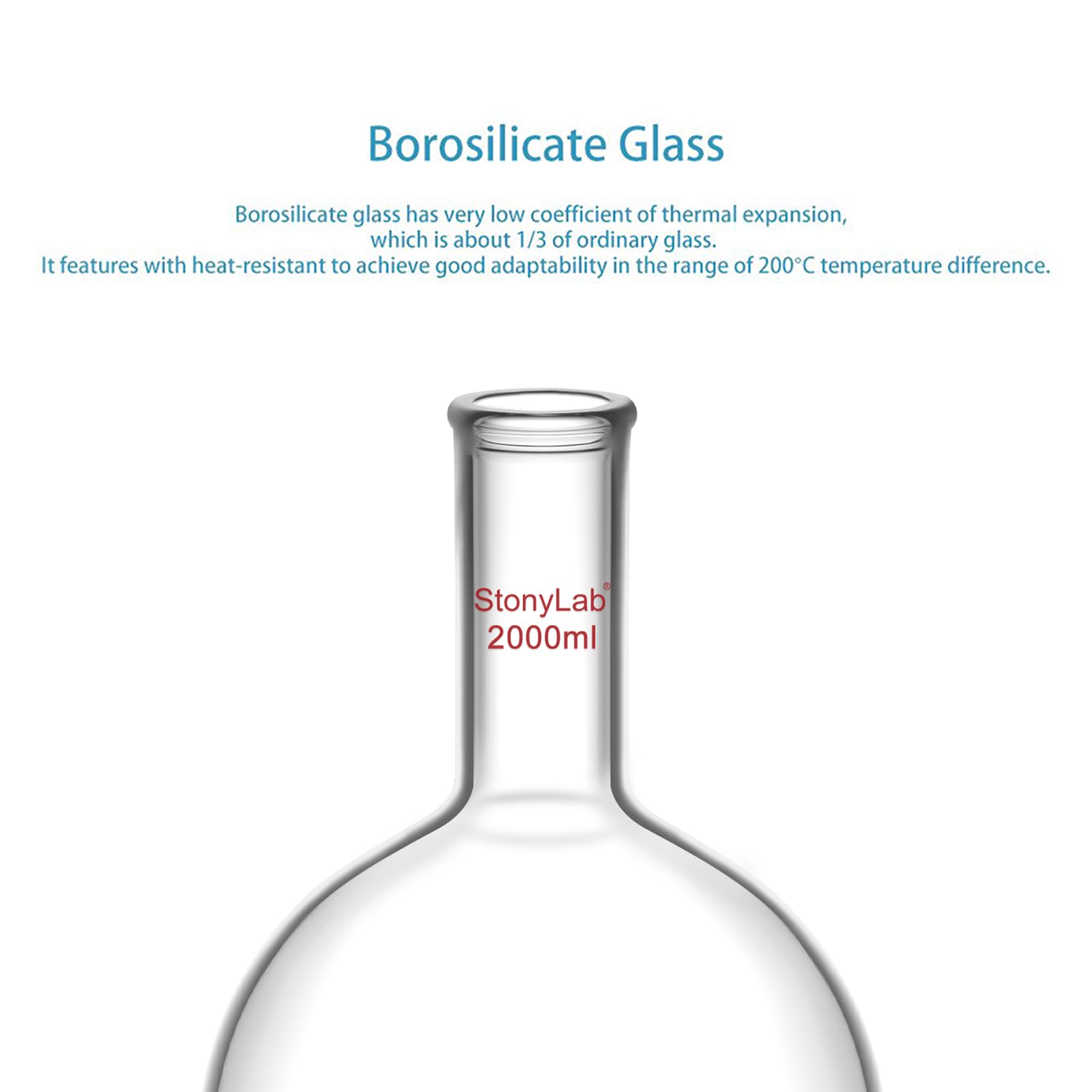 Matraz Fondo Plano 2000ml (2L) de Cristal Borosilicato Pared Gruesa con Cuello Largo Matraz Laboratorio